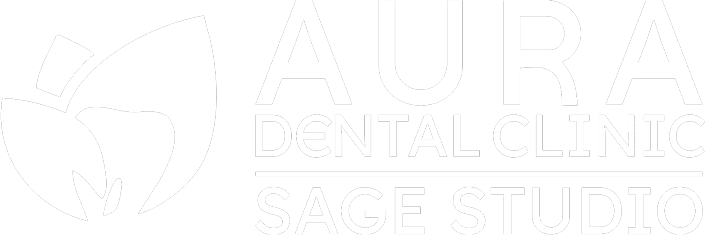 Logo for Aura Dental Clinic and Sage Studio, featuring a stylized tooth design.